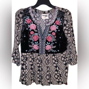 Savanna Jane Embroidered Black Bohemian Peasant Top Size Medium